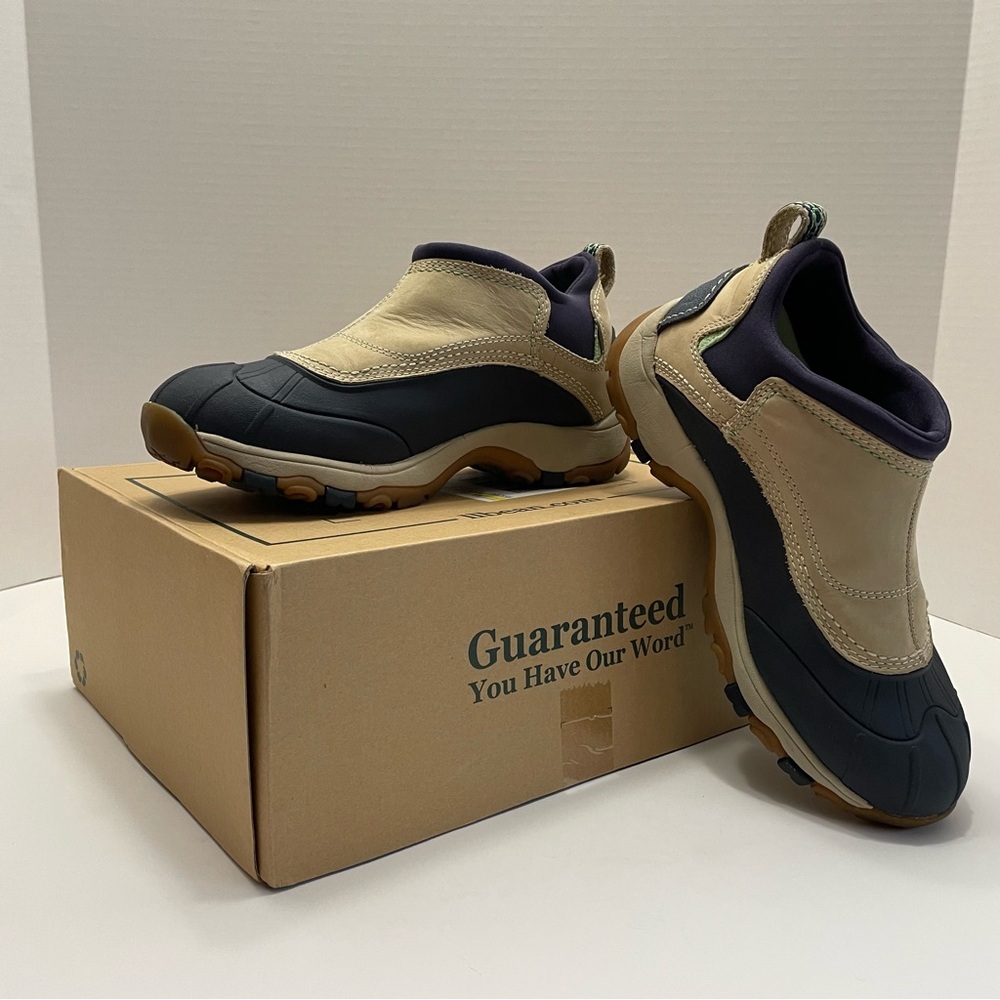 L.L.Bean navy blue and tan waterproof slip-on booties. Size 6.